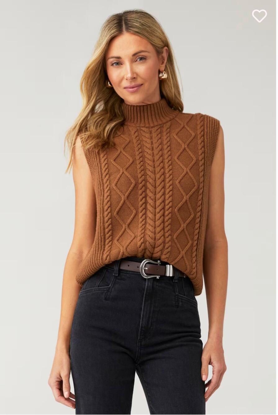 VARLEY Sleeveless Joilette Roll Neck Sweater Vest in Caramel Pecan // XS